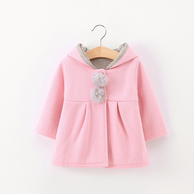 Girl's Bunny Ears Plush Pom Pom Coat